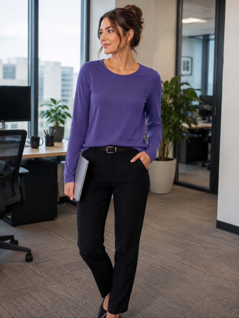 Eileen Fisher Lavender Crewneck Long-Sleeve Silk Tee/Blouse Size PM